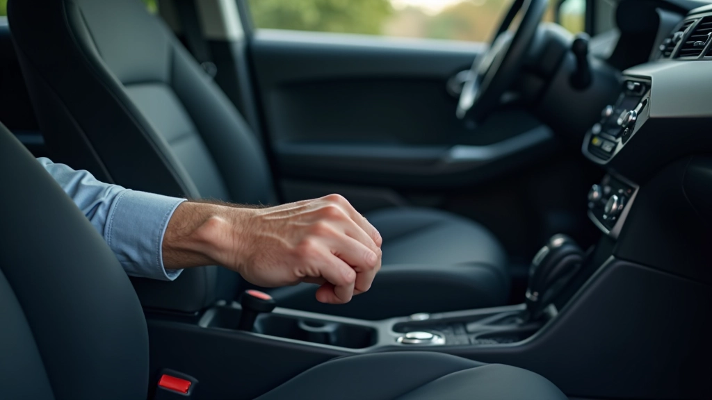 Vyresnio amžiaus vairuotojo rankas valdiklėje, vaizduojant ergonoiniško sėdynės reguliavimo procesą